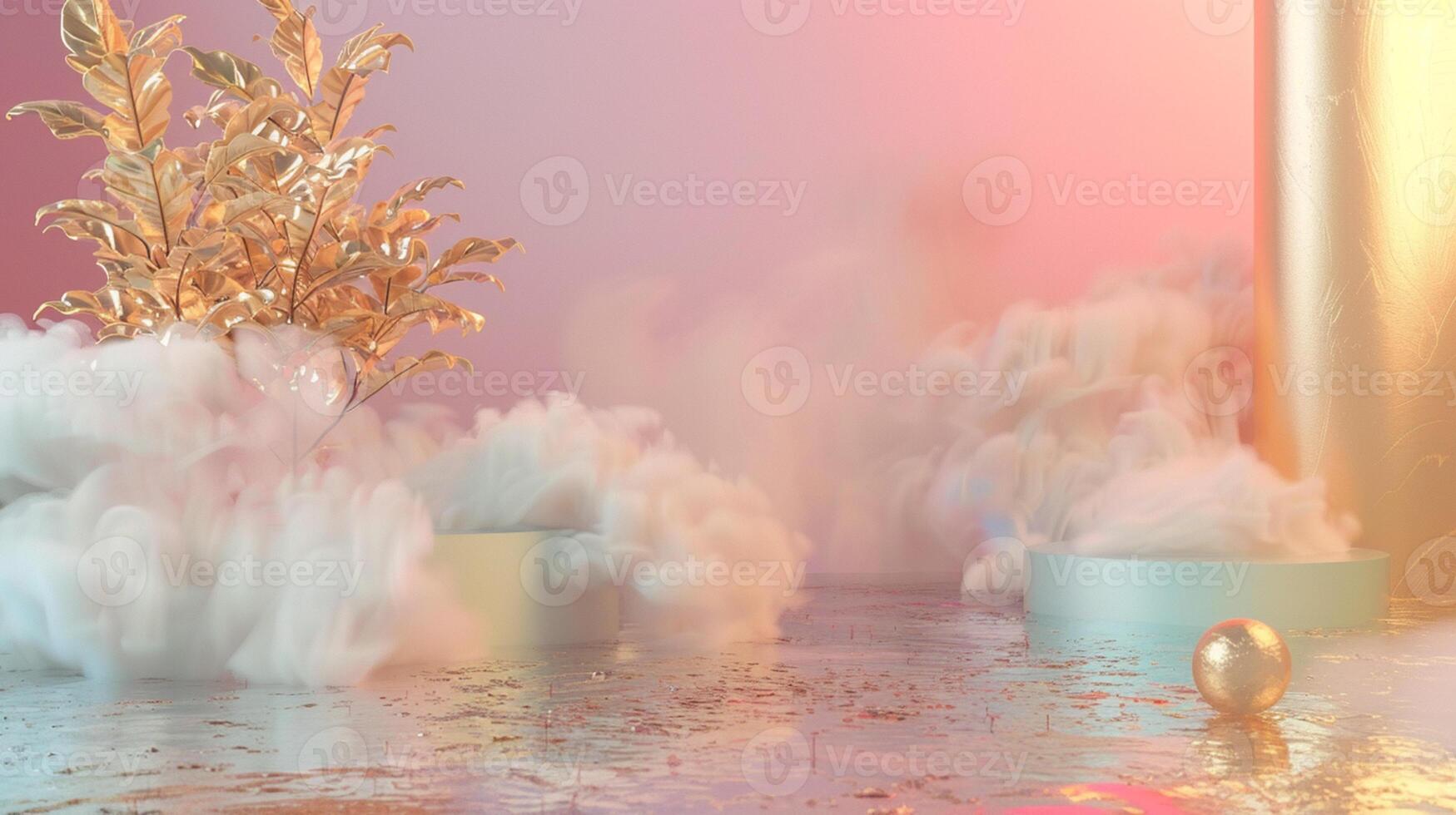 A dreamy pink and gold background with eucalyptus leaves, creating an atmosphere of luxury for product display in the style of surreal fantasy landscapes. photo