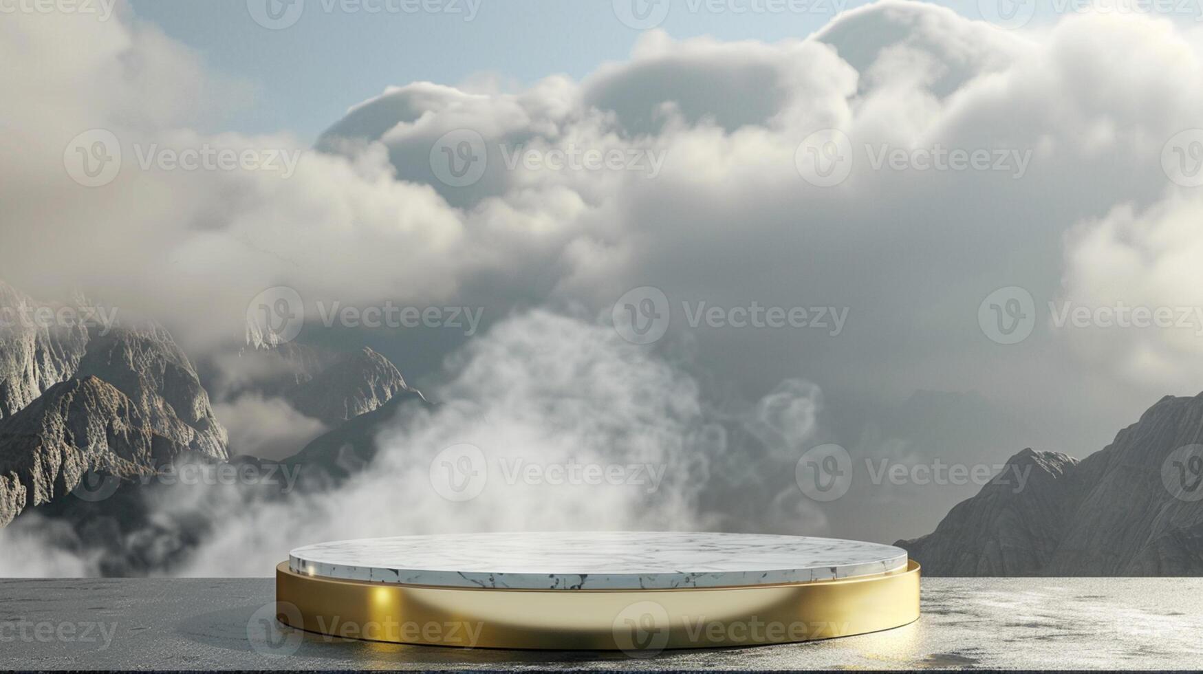 Smoke dances amidst clouds and sky, and gold geometric Stone and Rock shape background., vintage scene, with Gold podium stage minimal abstract background. photo