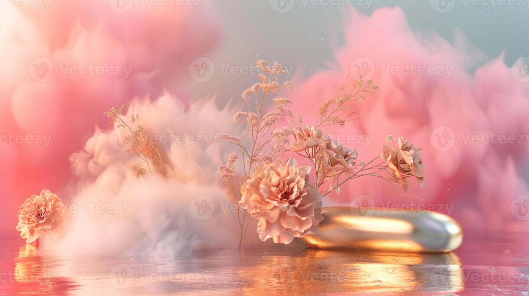 A dreamy pink and gold background with eucalyptus leaves, creating an atmosphere of luxury for product display in the style of surreal fantasy landscapes. photo