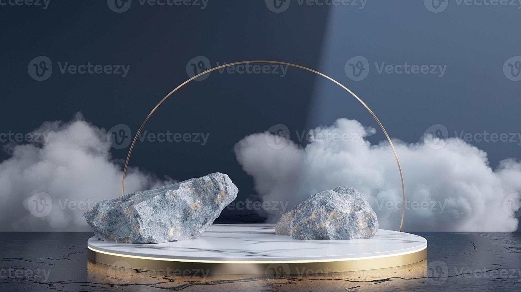 Smoke dances amidst clouds and sky, and gold geometric Stone and Rock shape background., vintage scene, with Gold podium stage minimal abstract background. photo