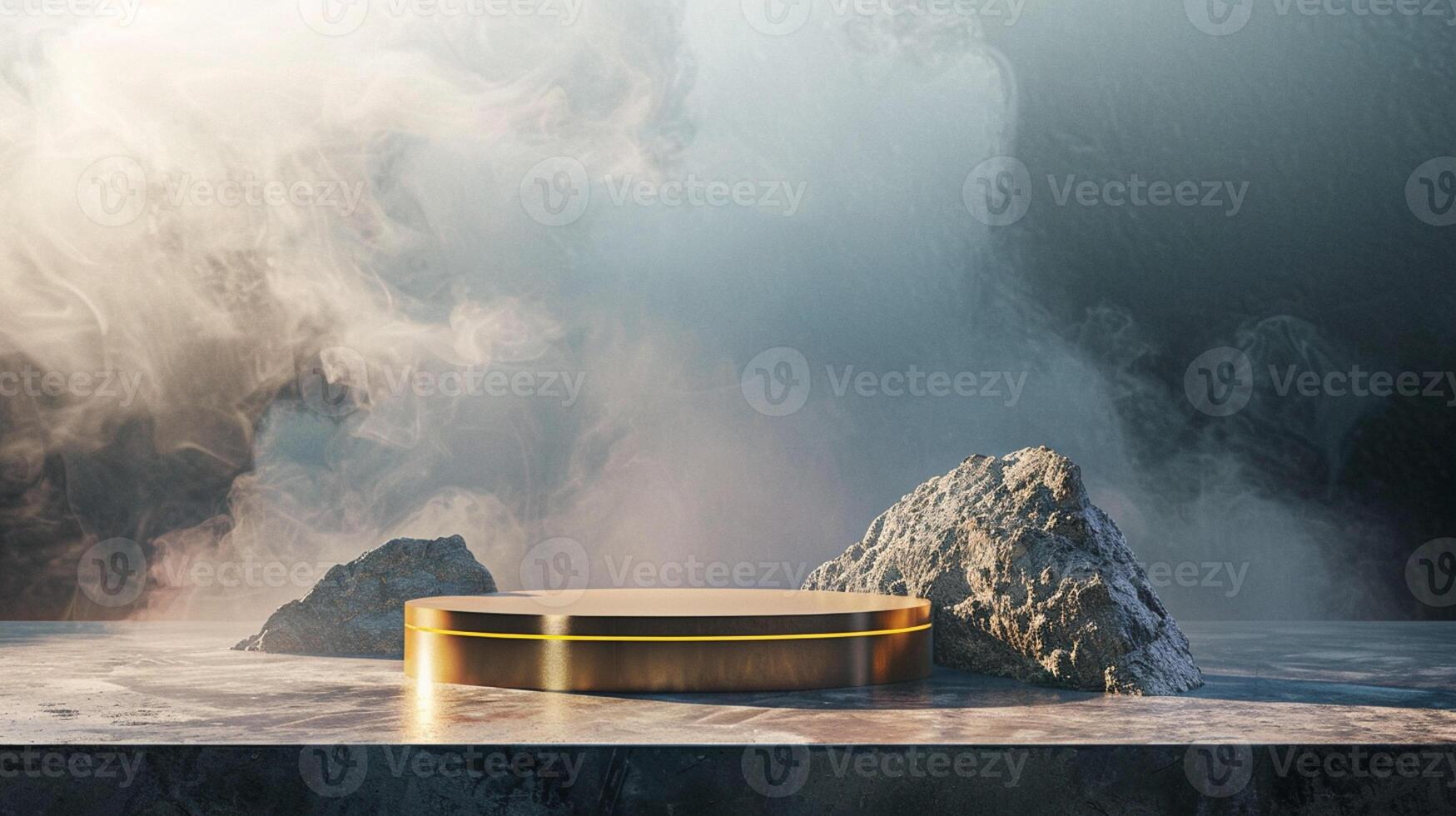 Smoke dances amidst clouds and sky, and gold geometric Stone and Rock shape background., vintage scene, with Gold podium stage minimal abstract background. photo