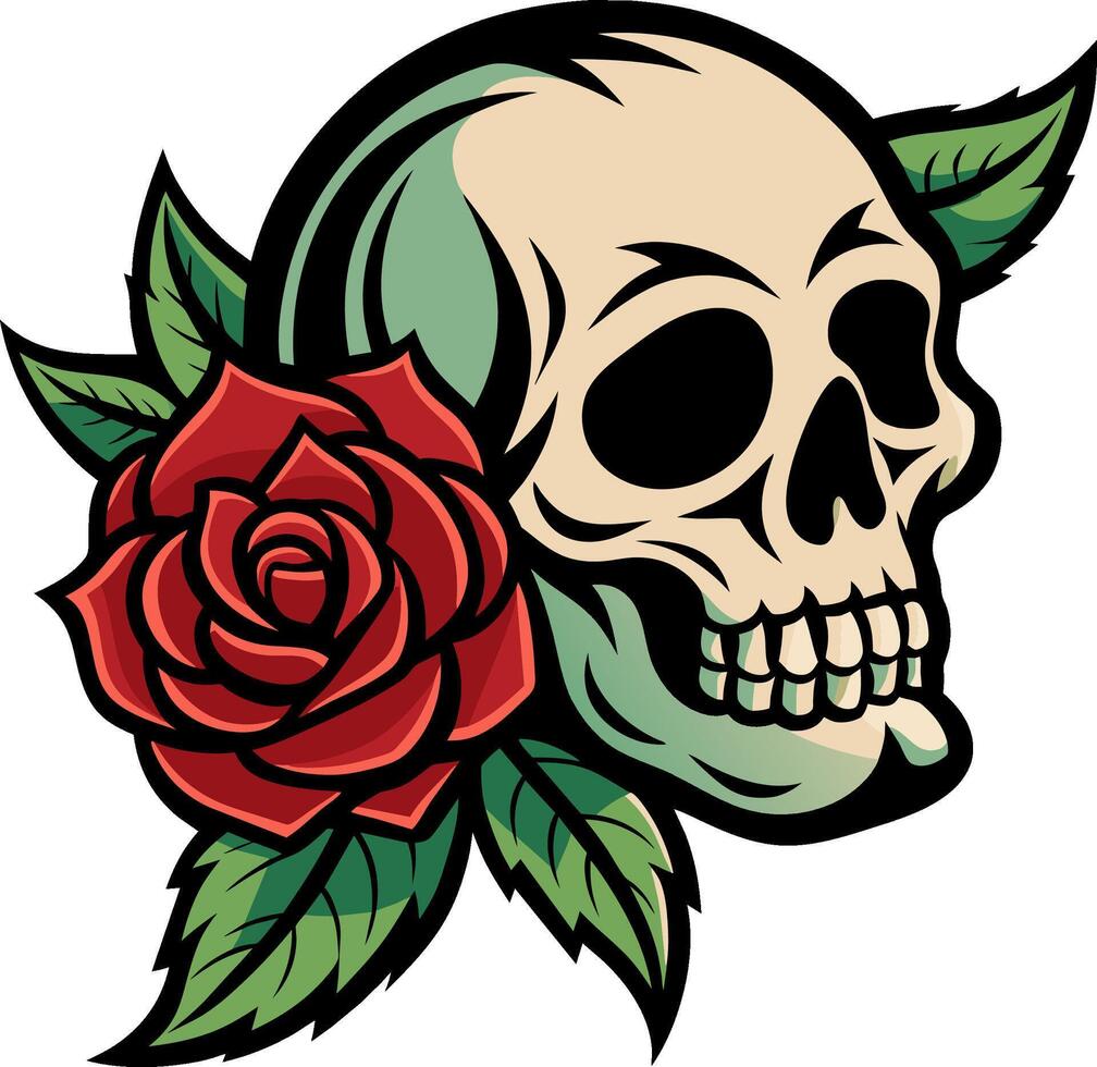 Skull with rose flower logo illustration vector