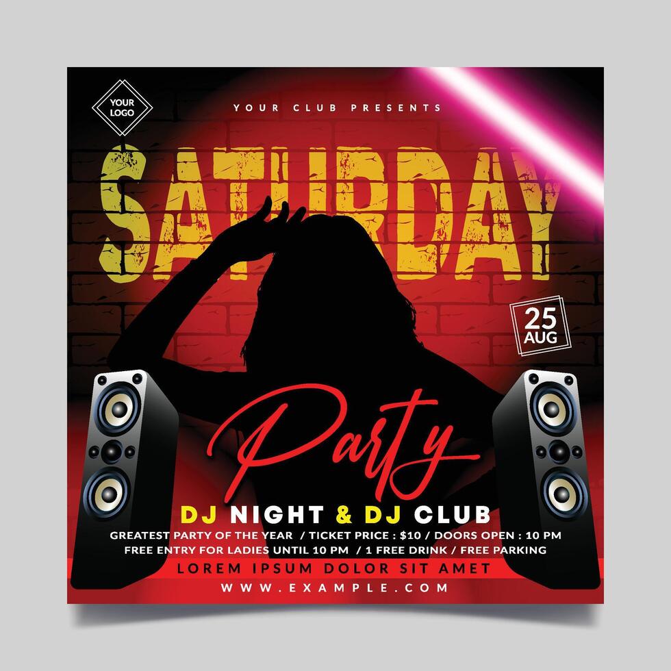 Saturday night party flyer template with red combination background vector