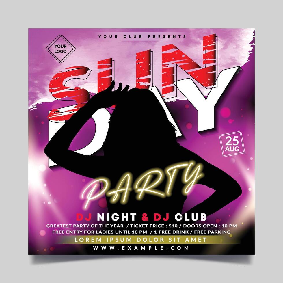 Sunday party flyer template with combination pink background vector