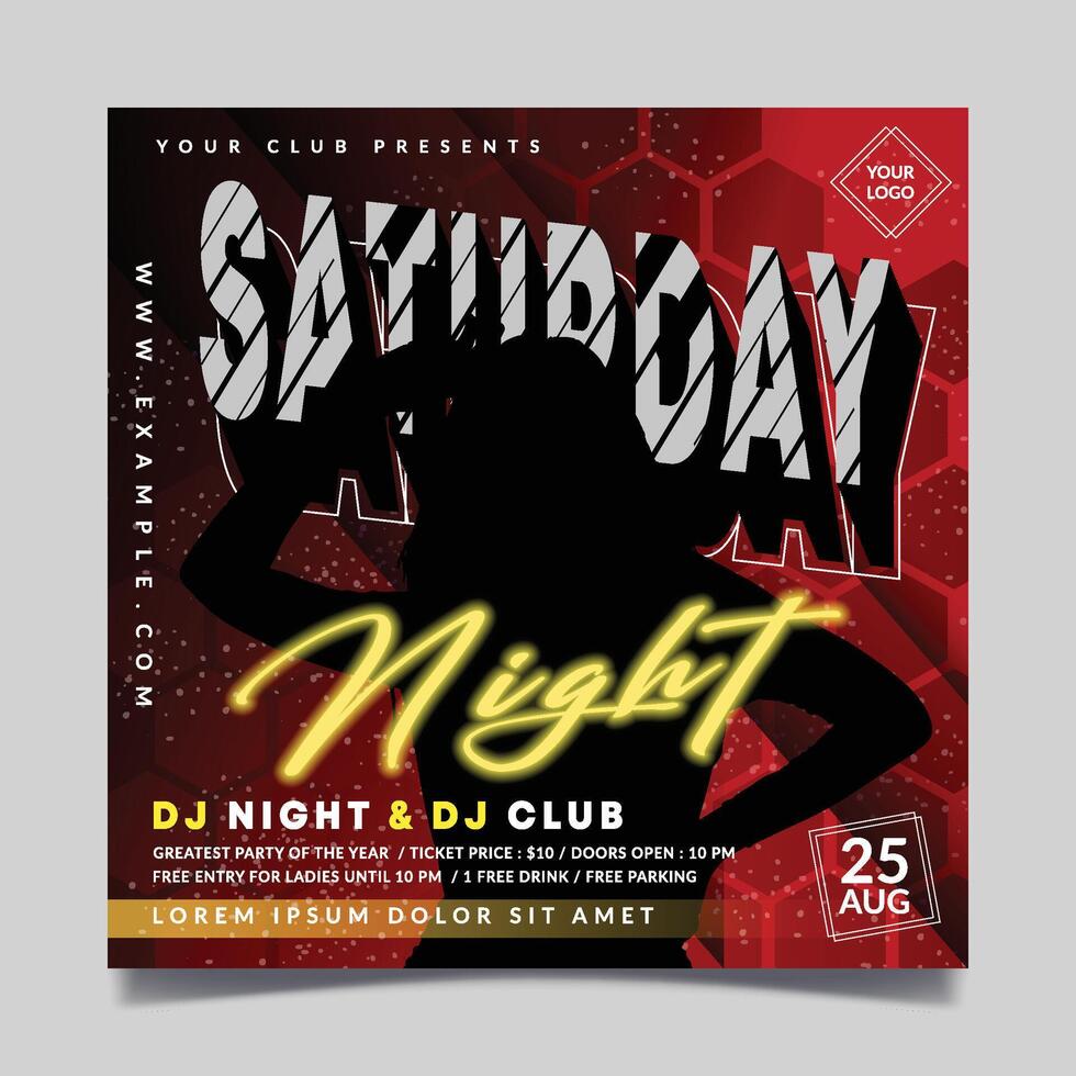 Saturday night flyer template with red and black gradient colors vector