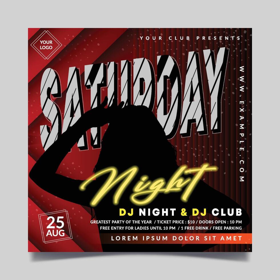 Saturday night flyer template with red and black gradient colors vector