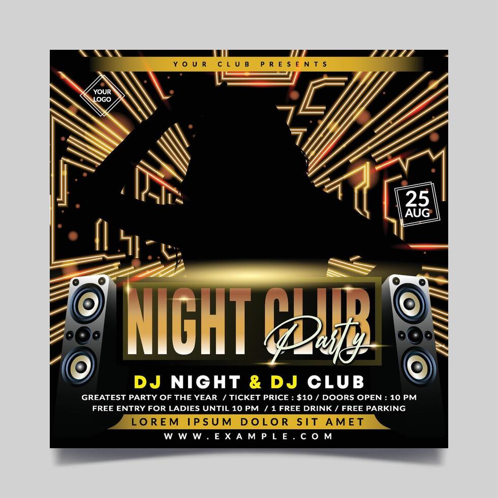 Night club party flyer template with neon abstract background vector
