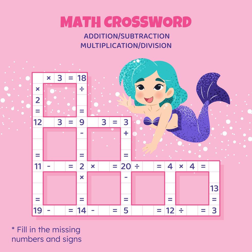 Math Crossword puzzle for children. Addition, subtraction, multiplication and division. Counting up to 20. illustration. Game with cartoon cute mermaid. Task, education material for kids. vector