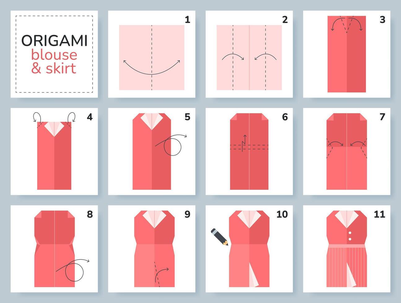 blusa y falda origami esquema tutorial Moviente modelo. origami para niños. paso por paso cómo a hacer hembra ropa. ilustración. vector