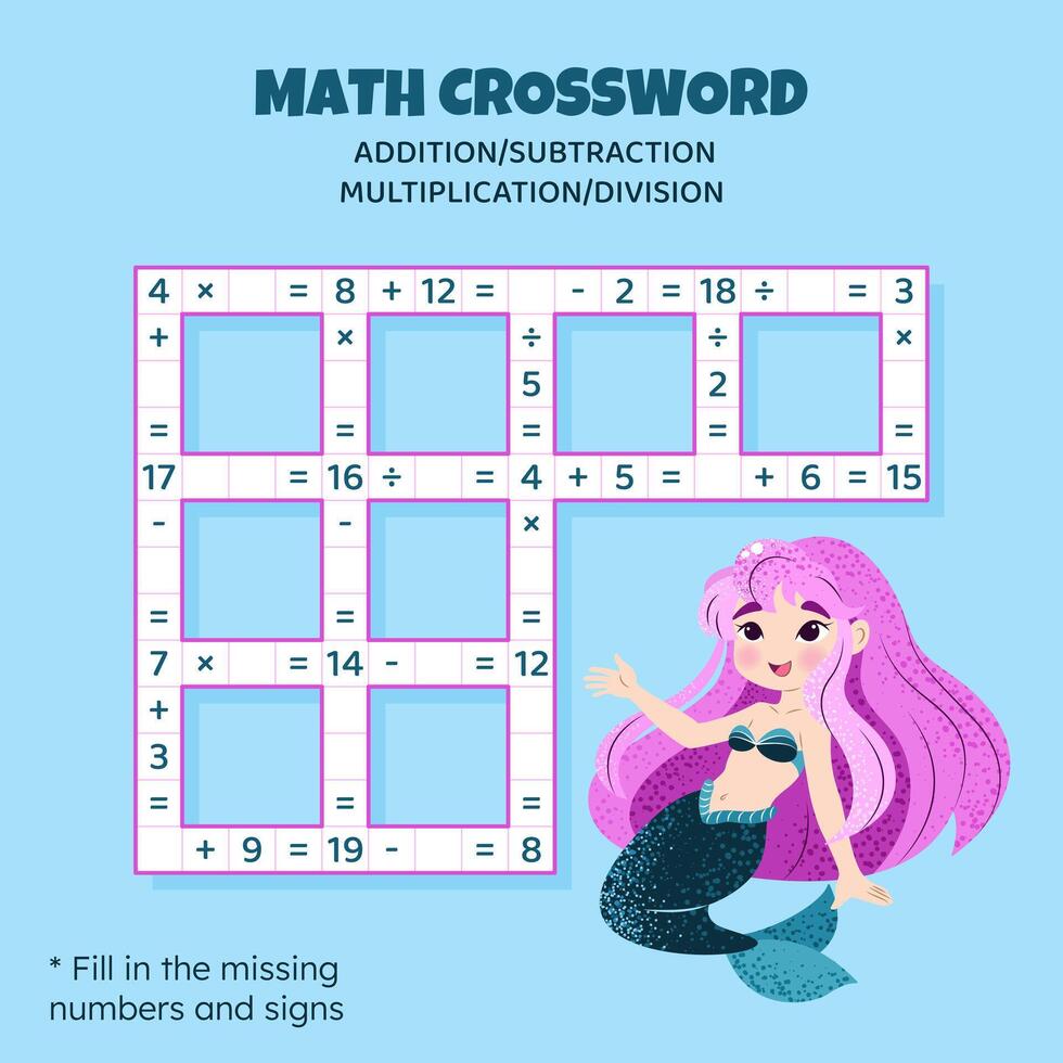 Math Crossword puzzle for children. Addition, subtraction, multiplication and division. Counting up to 20. illustration. Game with cartoon cute mermaid. Task, education material for kids. vector