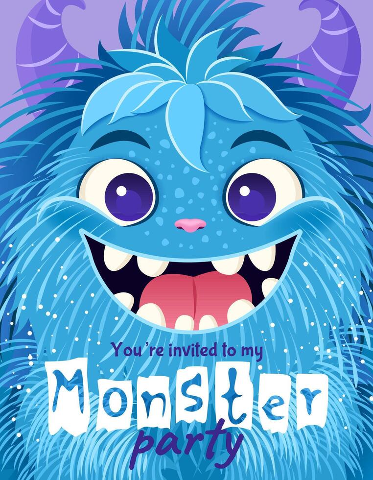 Monster party invitation. Happy Birthday greeting card. Festive postcard featuring a fluffy cartoon monster. design with a cute creature for your celebration event. Layered template with text. vector