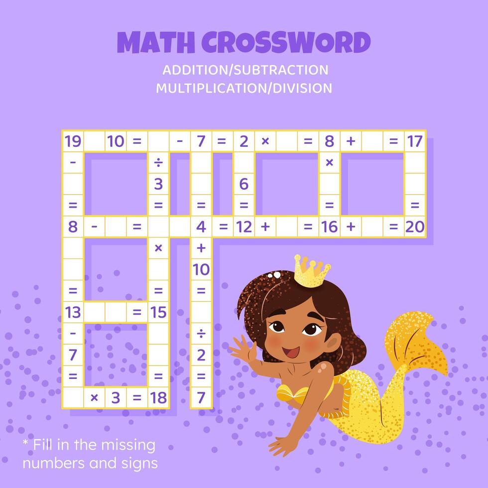 Math Crossword puzzle for children. Addition, subtraction, multiplication and division. Counting up to 20. illustration. Game with cartoon cute mermaid. Task, education material for kids. vector