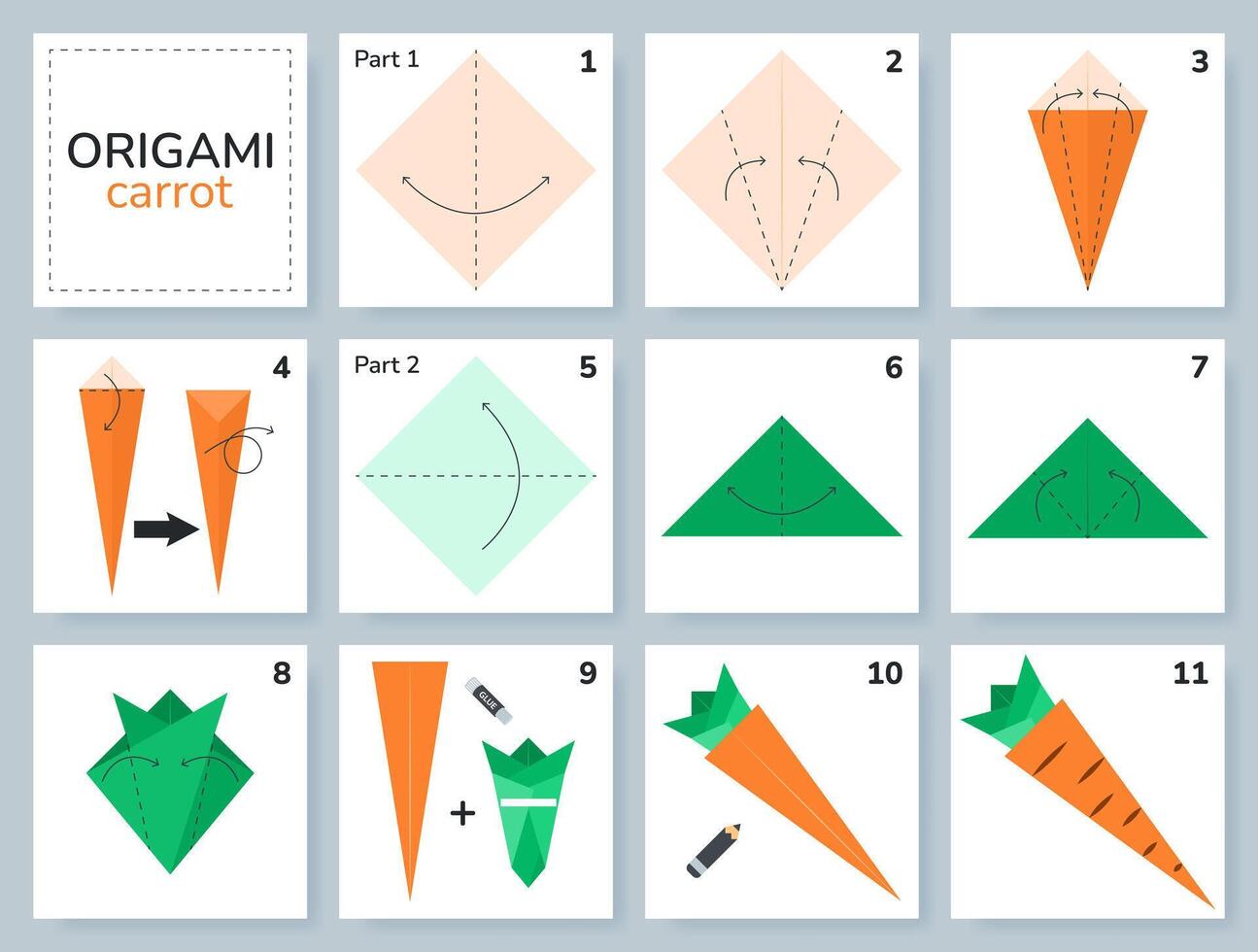 Carrot origami scheme tutorial moving model. Origami for kids. Step by step how to make vegetable. illustration. vector