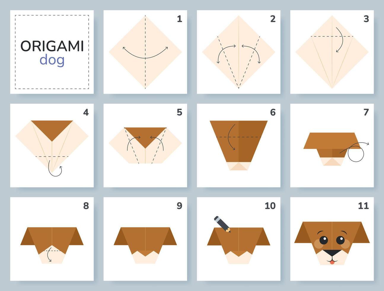 Dog origami scheme tutorial moving model. Origami for kids. Step by step how to make cute paper puppy. illustration. vector
