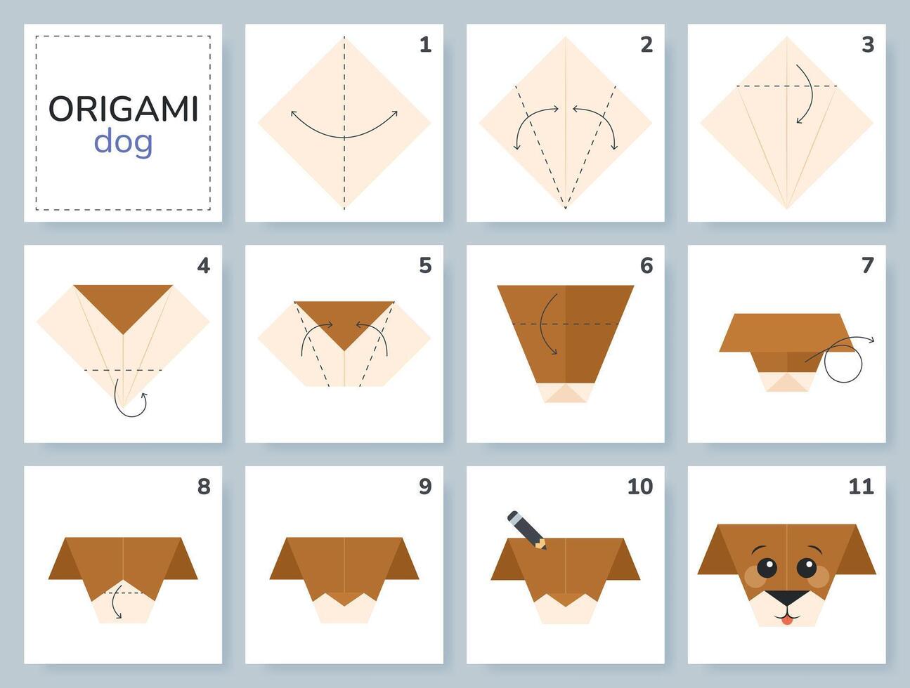 perro origami esquema tutorial Moviente modelo. origami para niños. paso por paso cómo a hacer linda papel cachorro. ilustración. vector