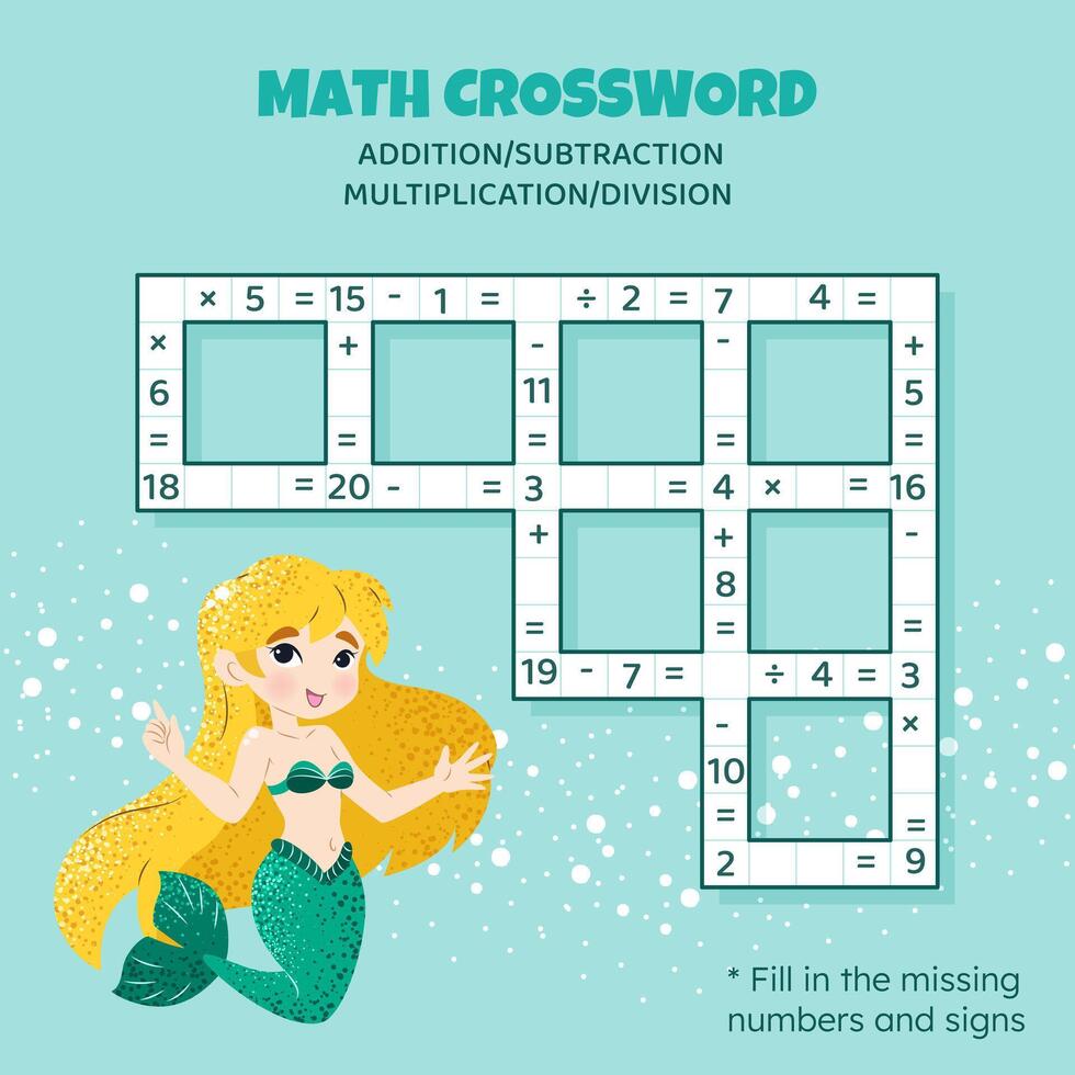 Math Crossword puzzle for children. Addition, subtraction, multiplication and division. Counting up to 20. illustration. Game with cartoon cute mermaid. Task, education material for kids. vector