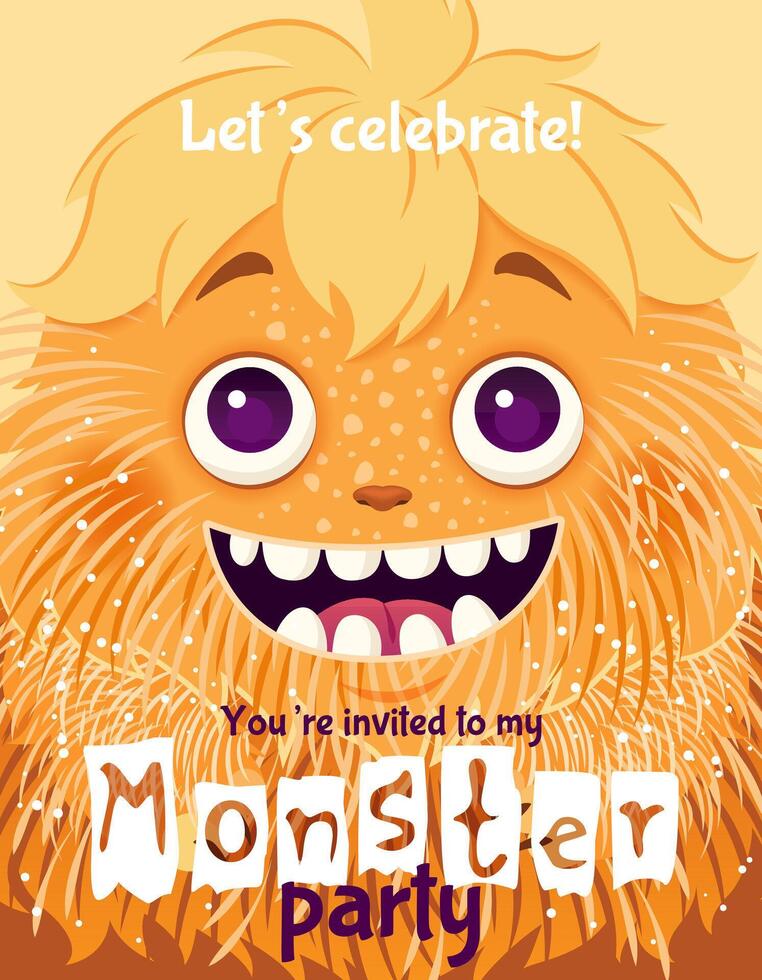 monstruo fiesta invitación. contento cumpleaños saludo tarjeta. festivo tarjeta postal presentando un mullido dibujos animados monstruo. diseño con un linda criatura para tu celebracion evento. en capas modelo con texto. vector