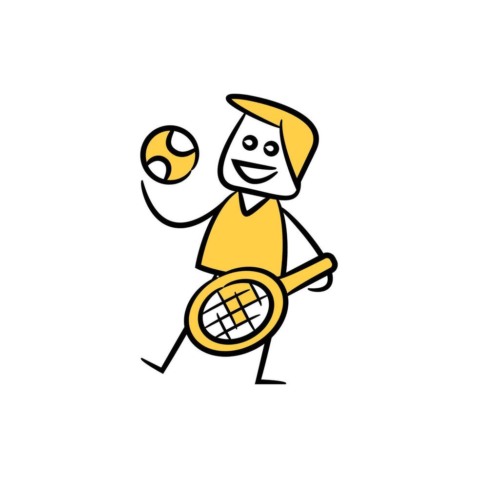 un dibujos animados hombre participación un tenis raqueta y pelota vector