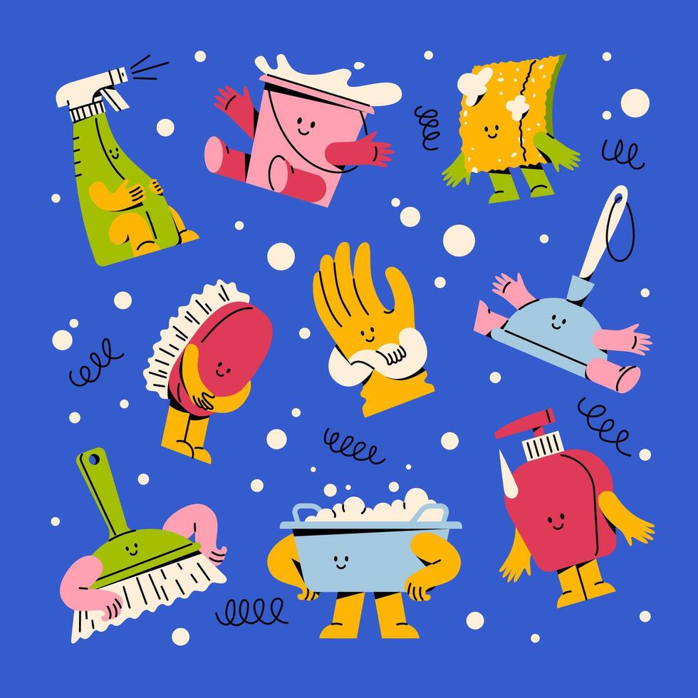 Household utensils for cleaning the house. A set of cute funny characters. Bucket, basin, soap, brush vector