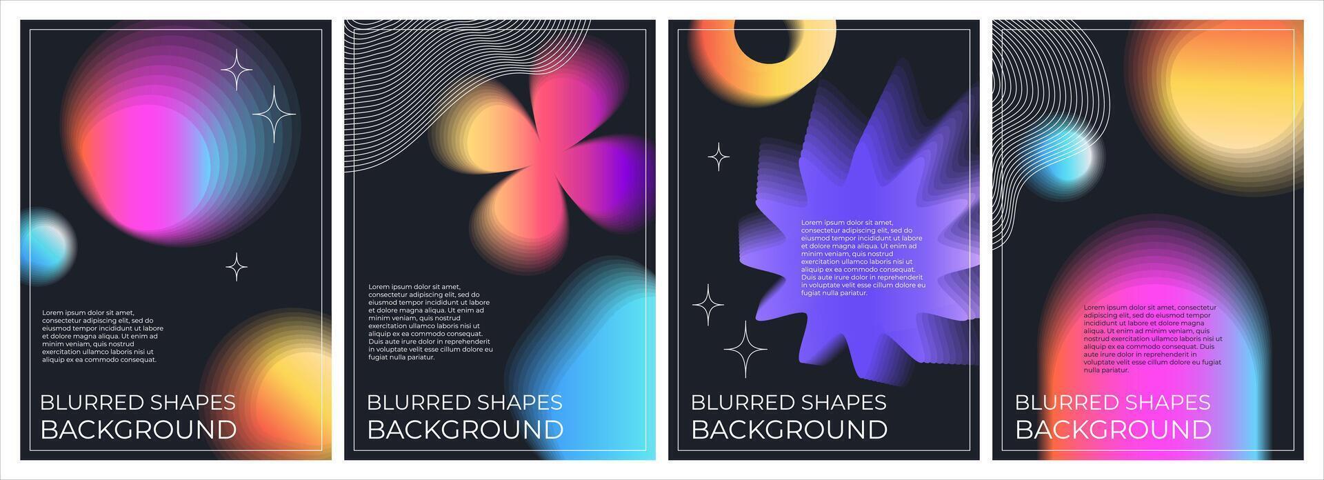 A set of abstract posters with blurred shapes. Gradient template in retrofuturism style, retro wave, y2k, 2000s. Bright acidic colors on a black background vector