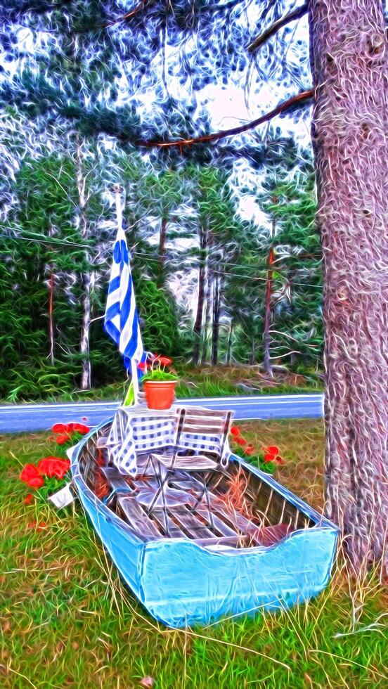 Digital painting style representing a wooden boat with a coffee table and the Greek flag at the foot of a tree photo