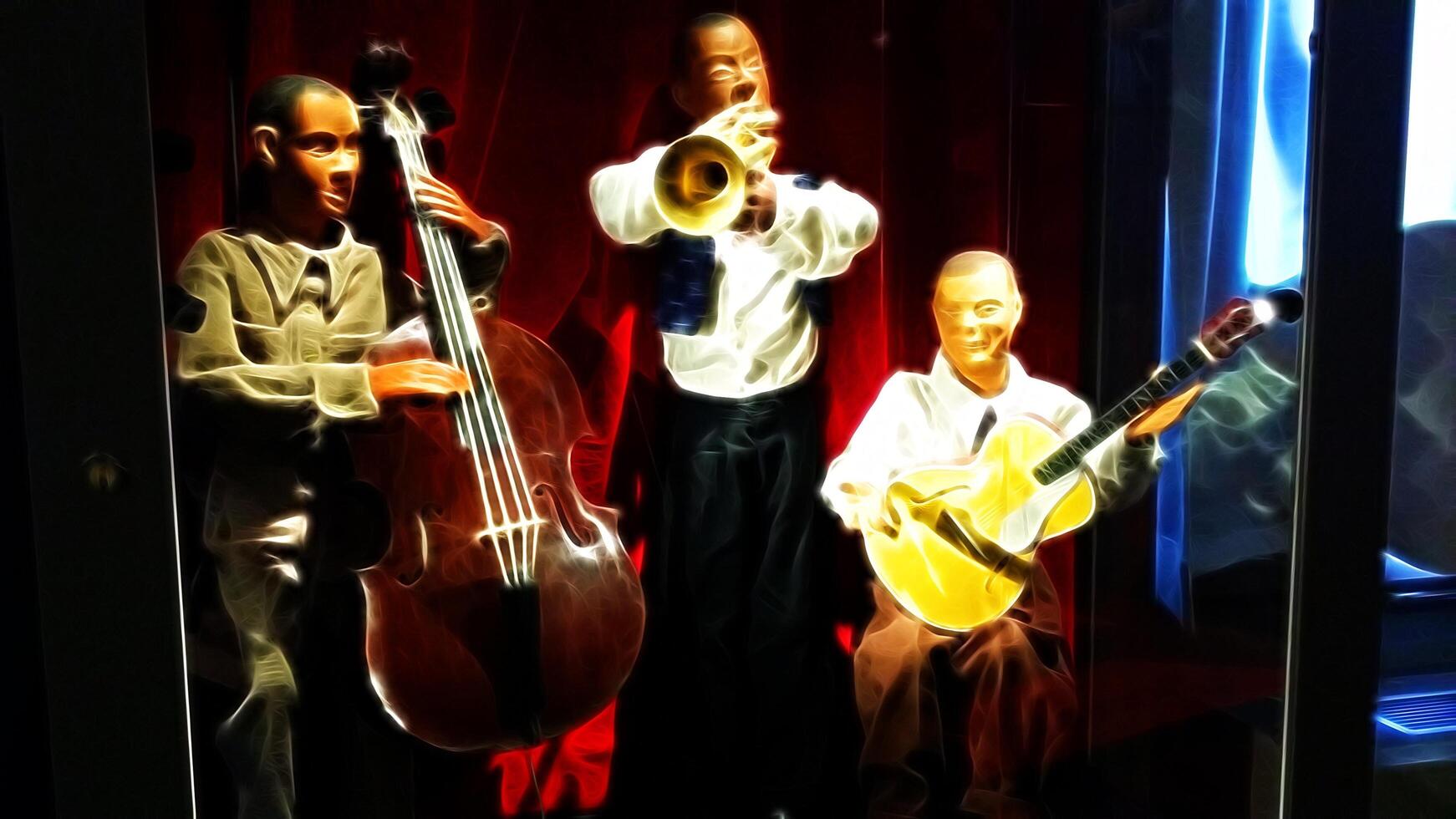 Digital painting style representing a jazz trio in performance, with guitar, acoustic bass and trumpet photo