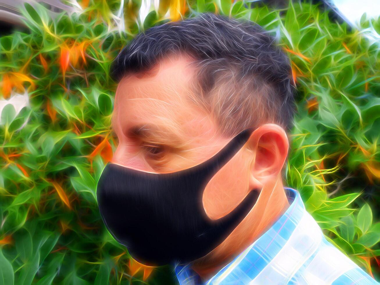 Digital painting style representing the face of a man with a black protective anti-contagion mask photo