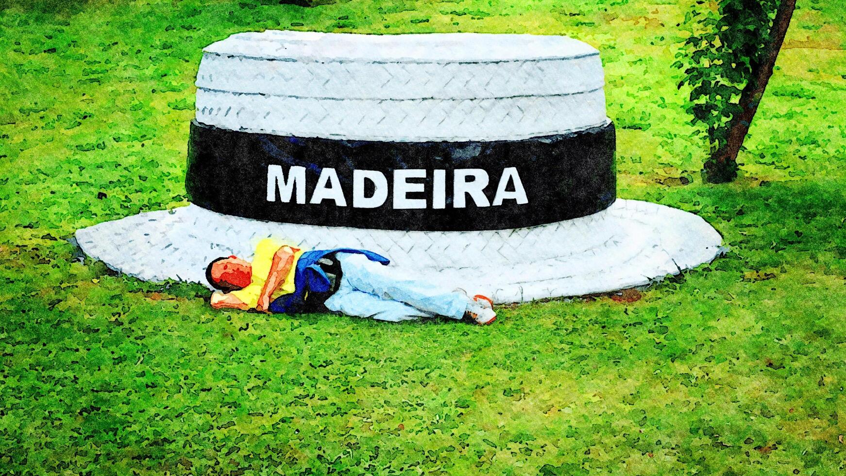 Digital watercolor style of a person resting stretched out in front of a huge straw hat with the inscription Madeira photo