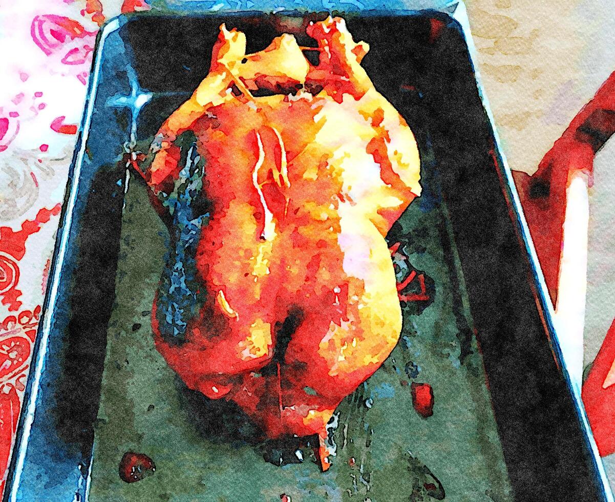 watercolorstyle representing a baked orange duck ready to be served photo