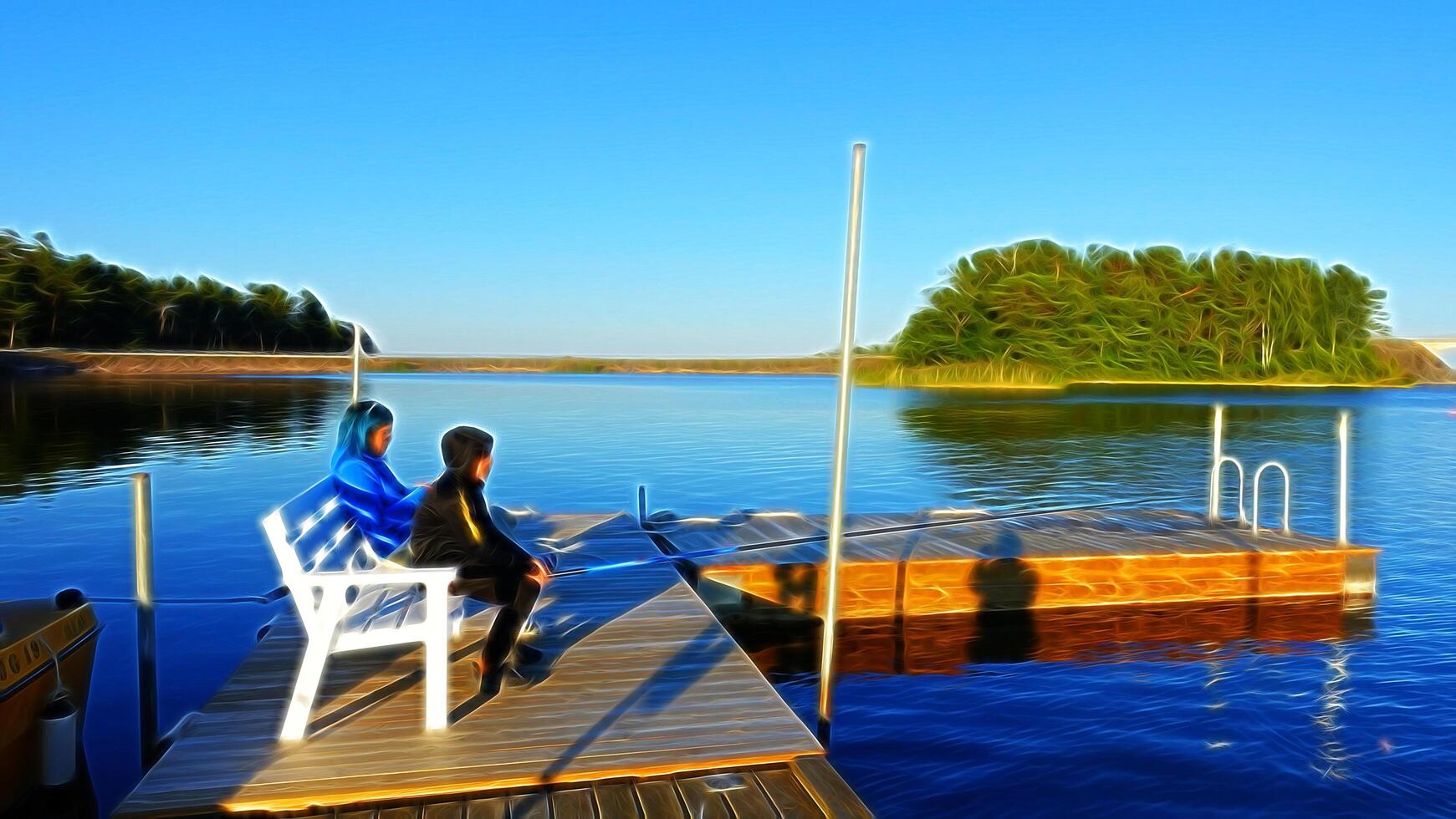 Digital painting style that represents a young woman and a boy fishing while sitting on a bench in a marina photo