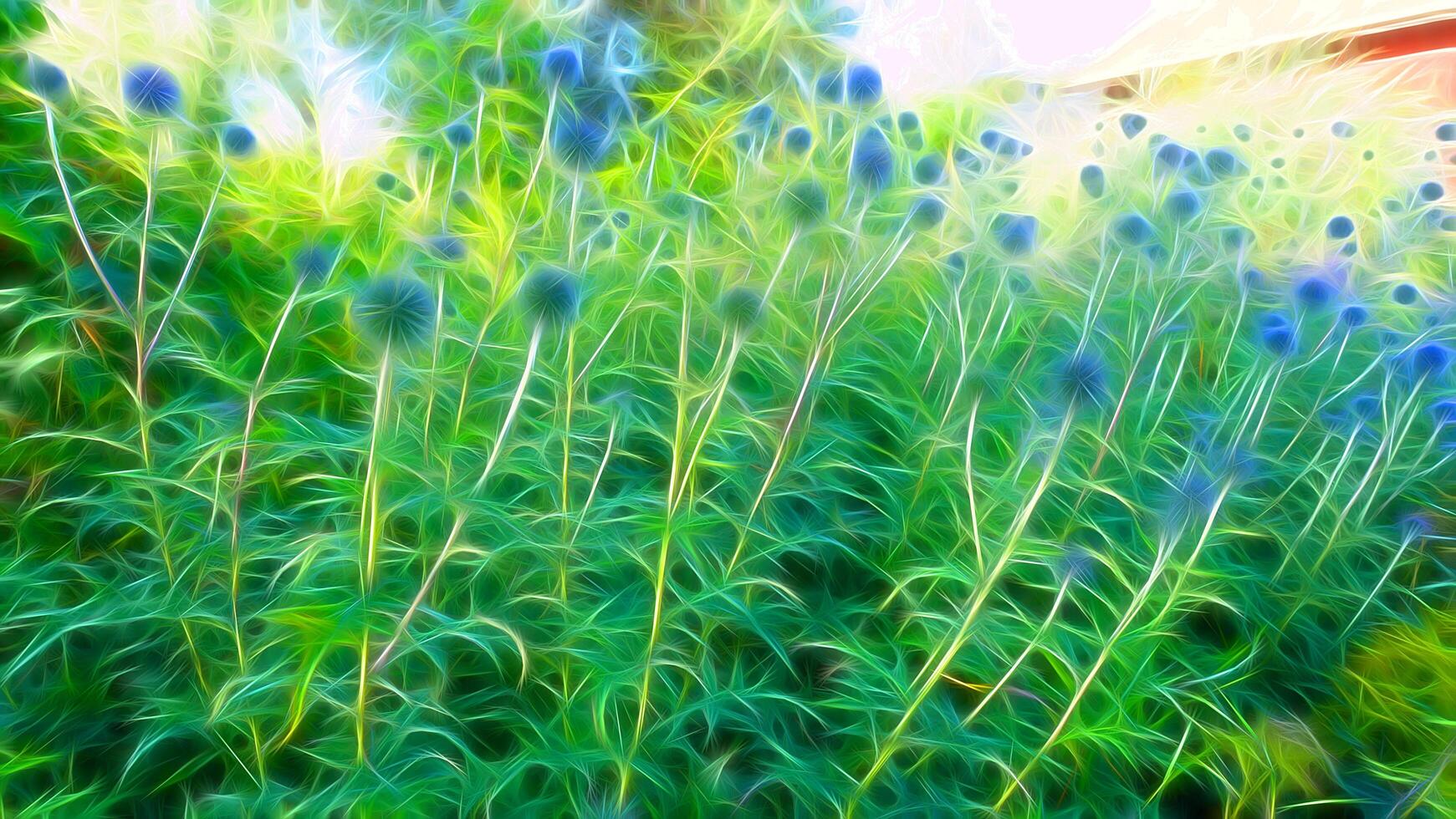 Digital painting style representing thistle flowers in a countryside photo