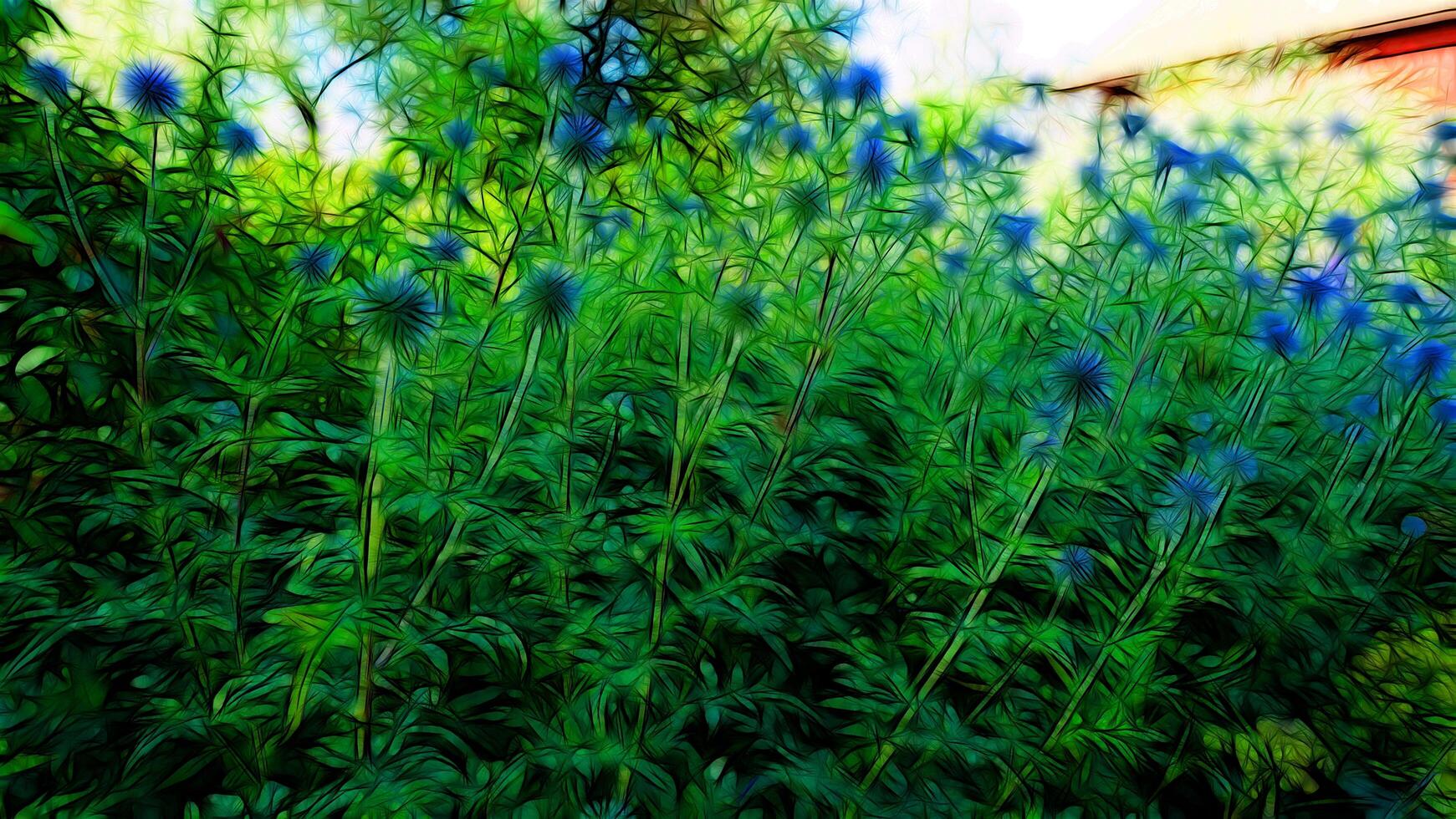 Digital painting style representing thistle flowers in a countryside photo