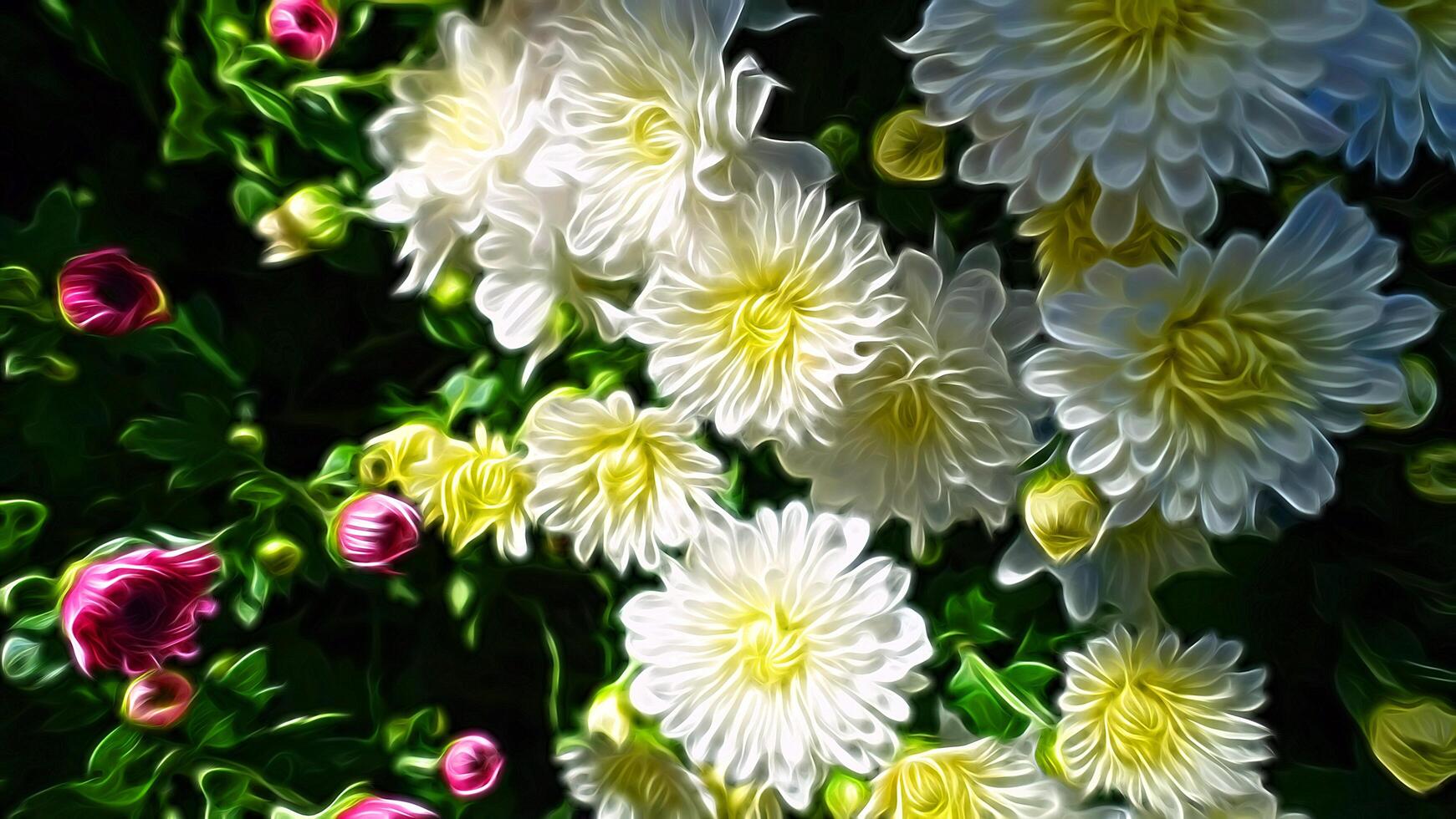Digital painting style that represents flowers of white and yellow flowers and purple flowers in a countryside photo