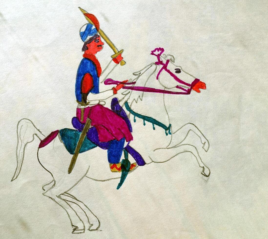 an Indian prince with turban, sword and his white horse photo