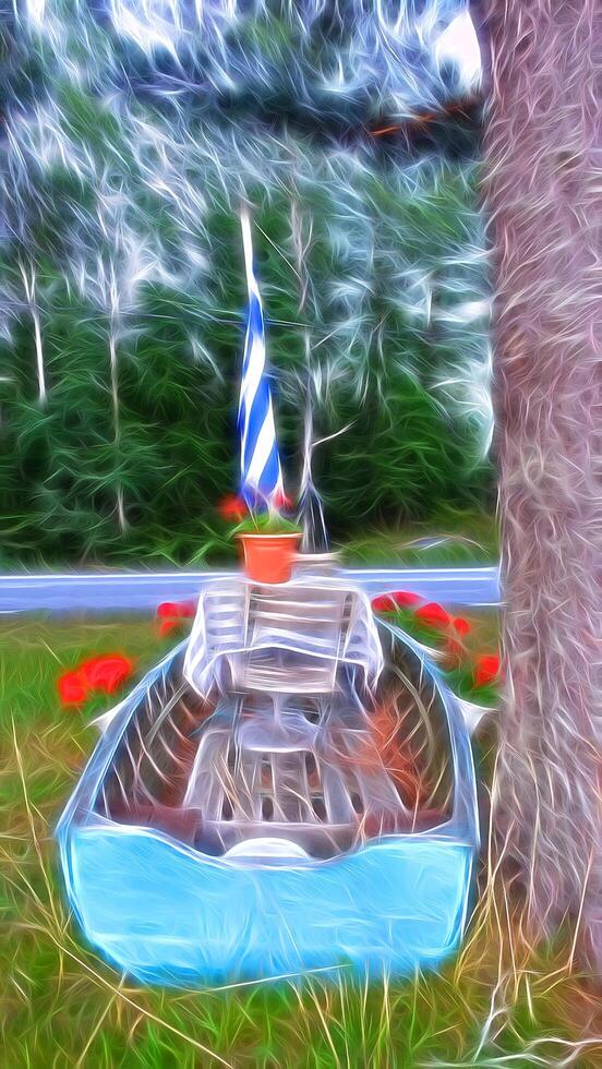 Digital painting style representing a wooden boat with a coffee table and the Greek flag at the foot of a tree photo
