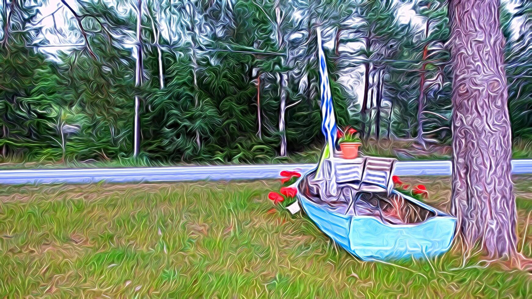 Digital painting style representing a wooden boat with a coffee table and the Greek flag at the foot of a tree photo