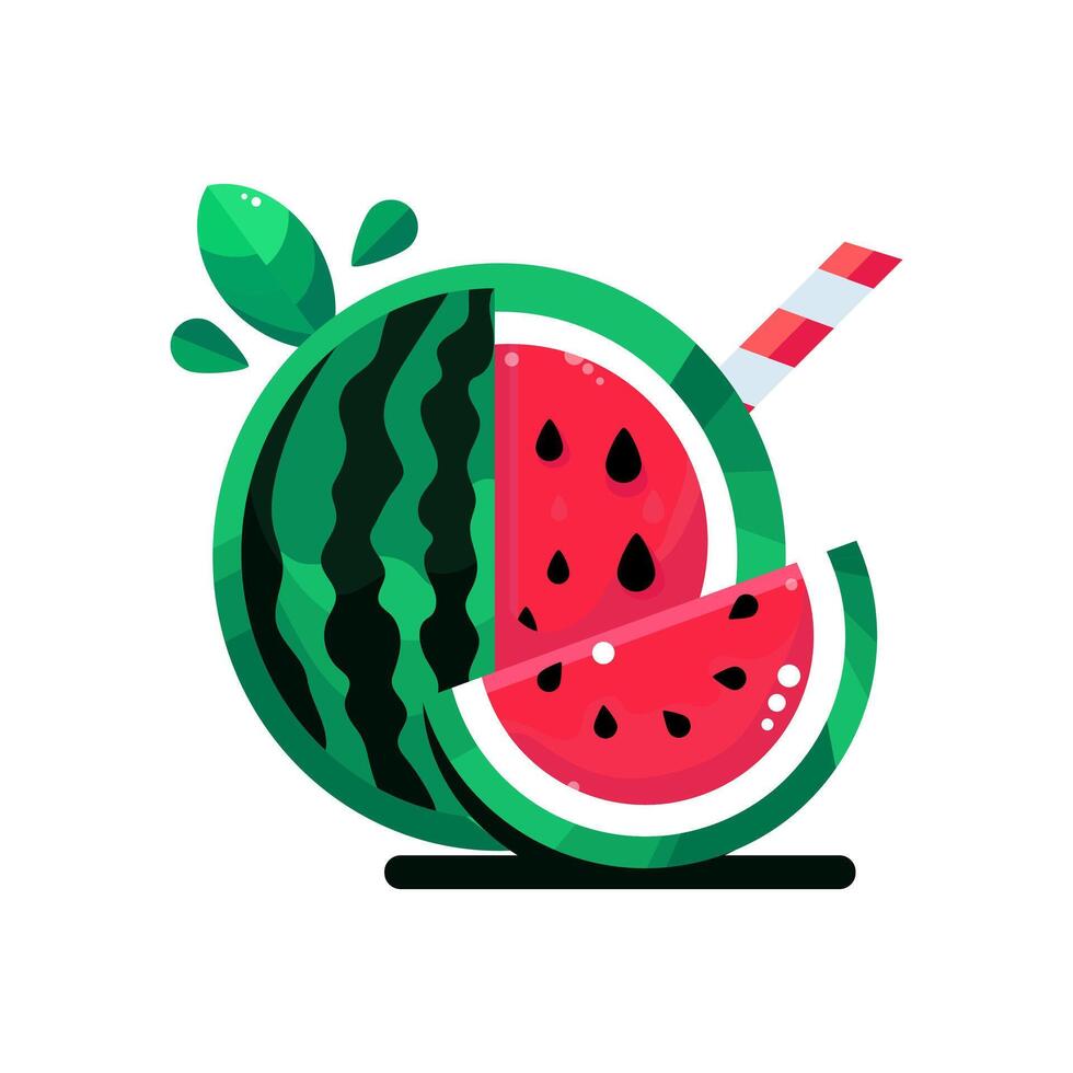 Slice And Whole Watermelon, green leaves Flower illustration in flat design. Summer food concept illustration isolated on white background vector