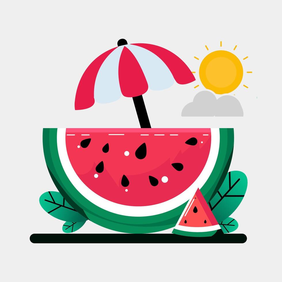 Slice And Whole Watermelon, green leaves Flower illustration in flat design. Summer food concept illustration isolated on white background vector