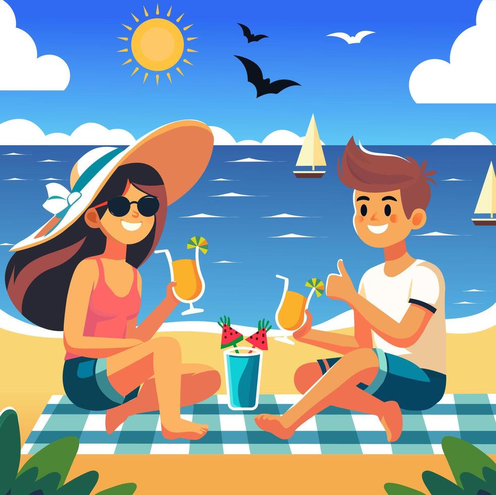 dos Niños y muchachas son sentado por el mar y disfrutando verano plano vector