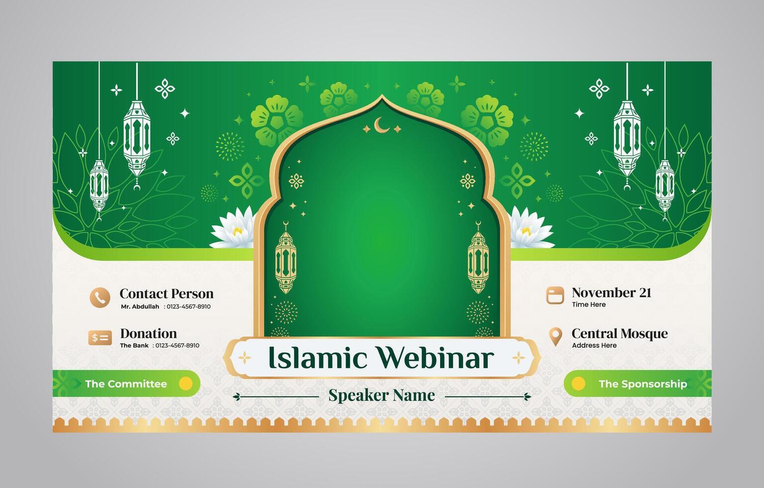 Green Islamic Seminar and Webinar Banner Design Template for Islamic Teaching and Lecturing vector