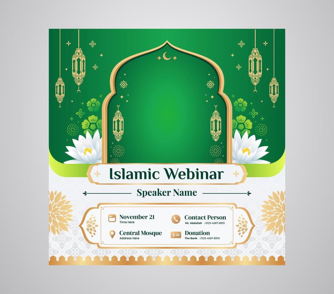 Green Islamic Seminar and Webinar Instagram Feed Post Design Template for Islamic Teaching and Lecturing vector