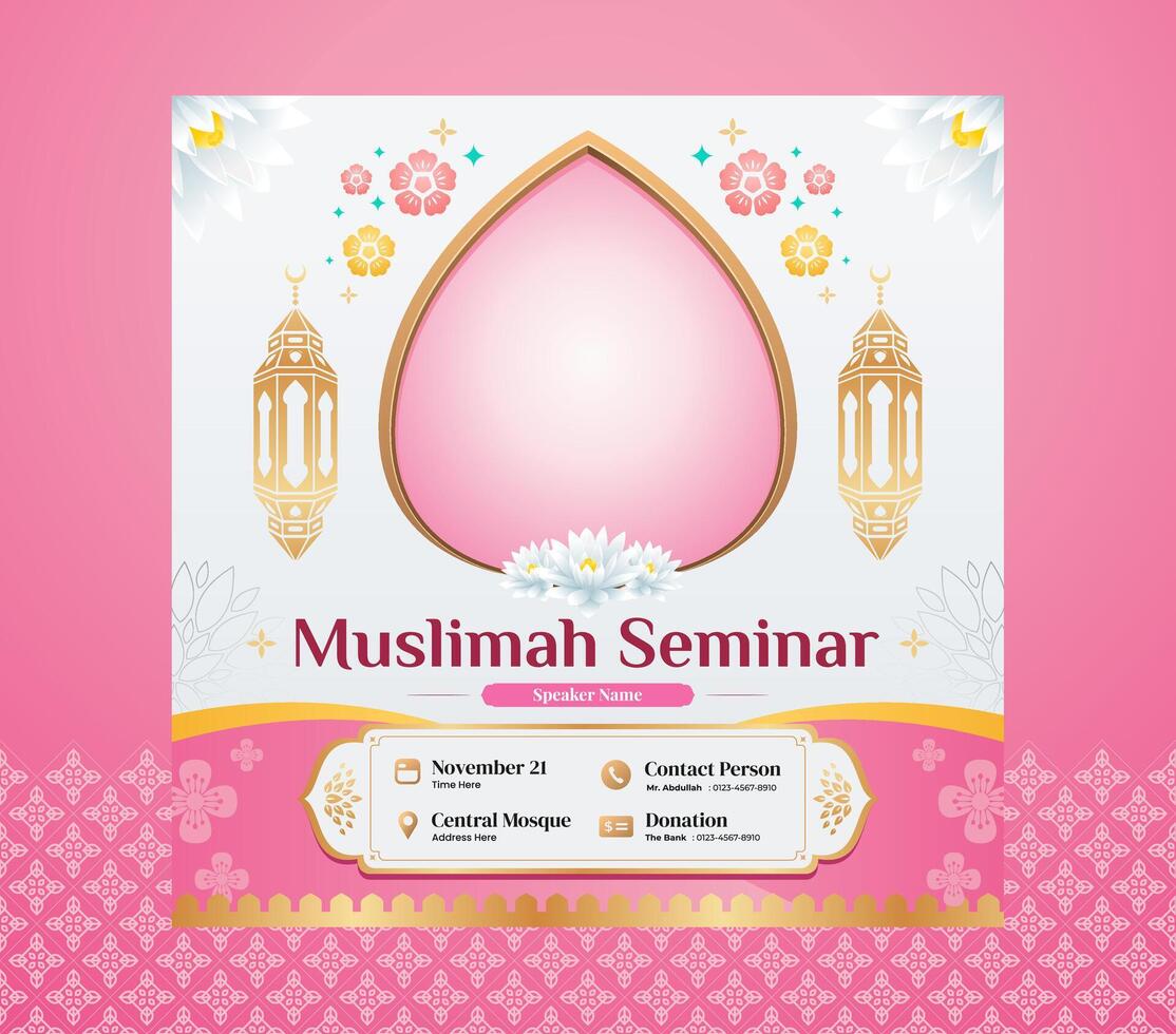 Pink Islamic Seminar and Webinar Social Media Post Design Template for Islamic Muslim Woman Teaching and Lecturing vector