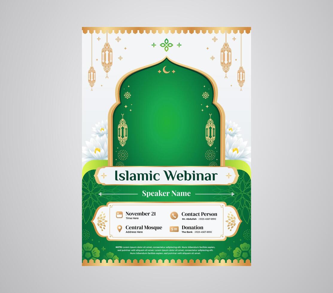 Green Islamic Seminar and Webinar A4 Poster Flyer Design Template for Islamic Teaching and Lecturing vector