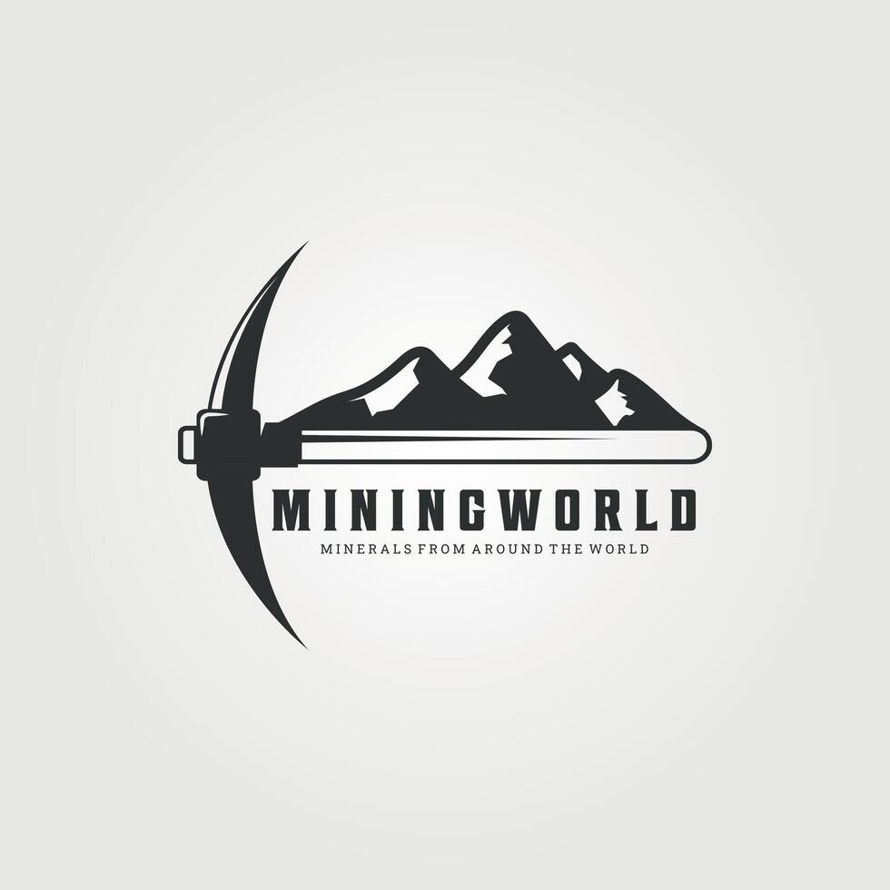 mining world with pickaxe logo vintage illustration design, tool or equipment mining logo design vector