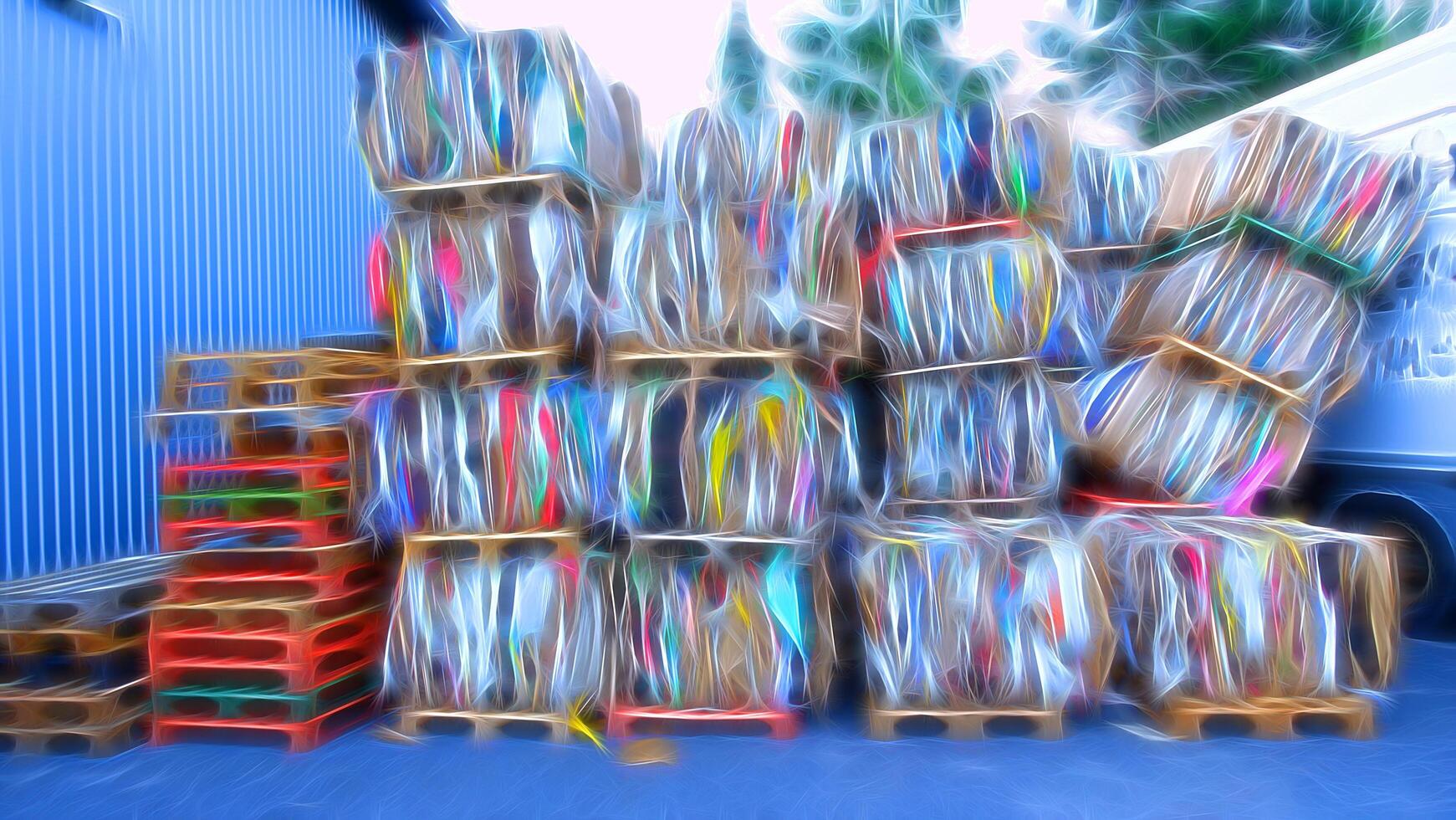 Digital painting style that represents wooden platforms and a pile of cardboard boxes pressed to be transported photo