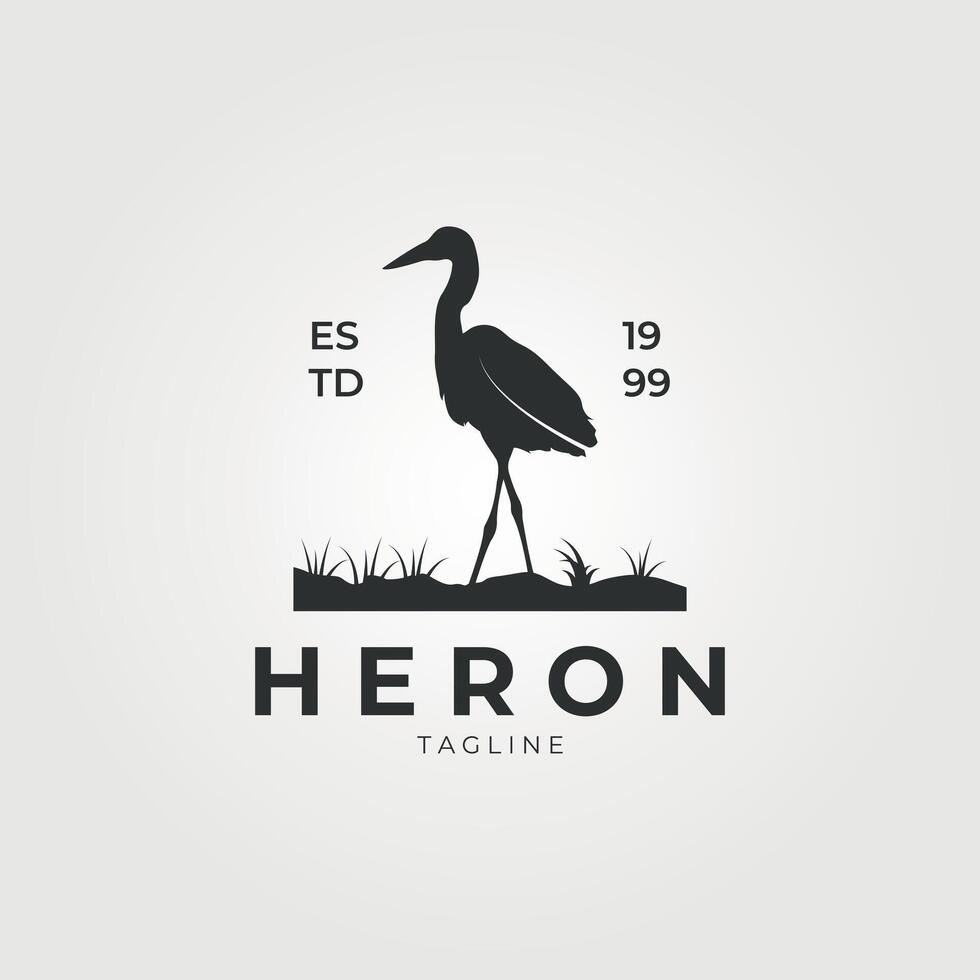 heron with vintage style logo illustration, heron bird print t-shirt, template , sign and symbol vector