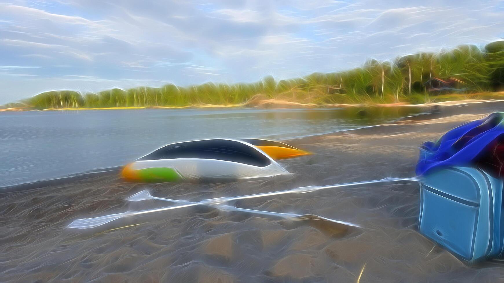 Digital painting style representing two yellow, white and green canoes placed upside down on the beach photo