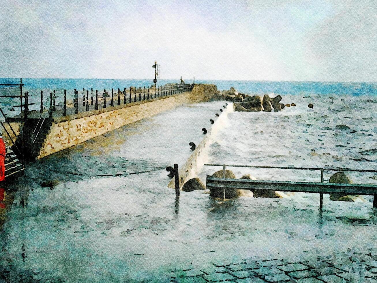 Digital watercolor style of a glimpse of the Amalfi pier with the rough sea during the winter photo