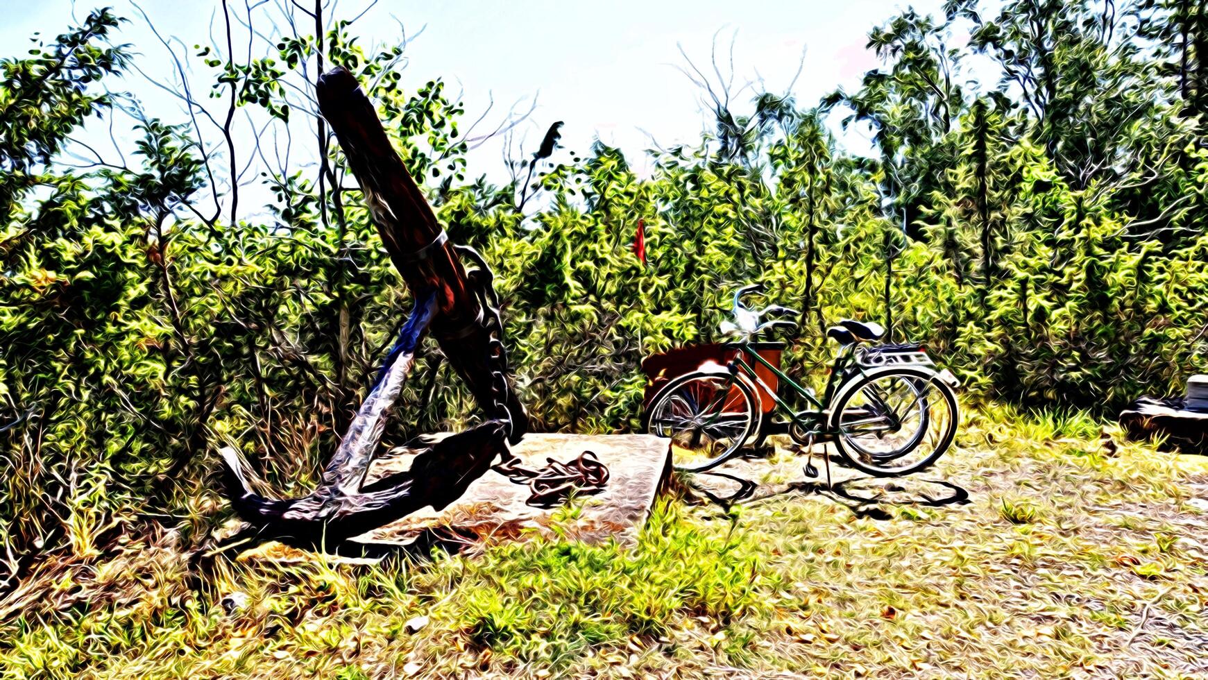 Digital painting style representing two bicycles parked near a large ancient anchor photo