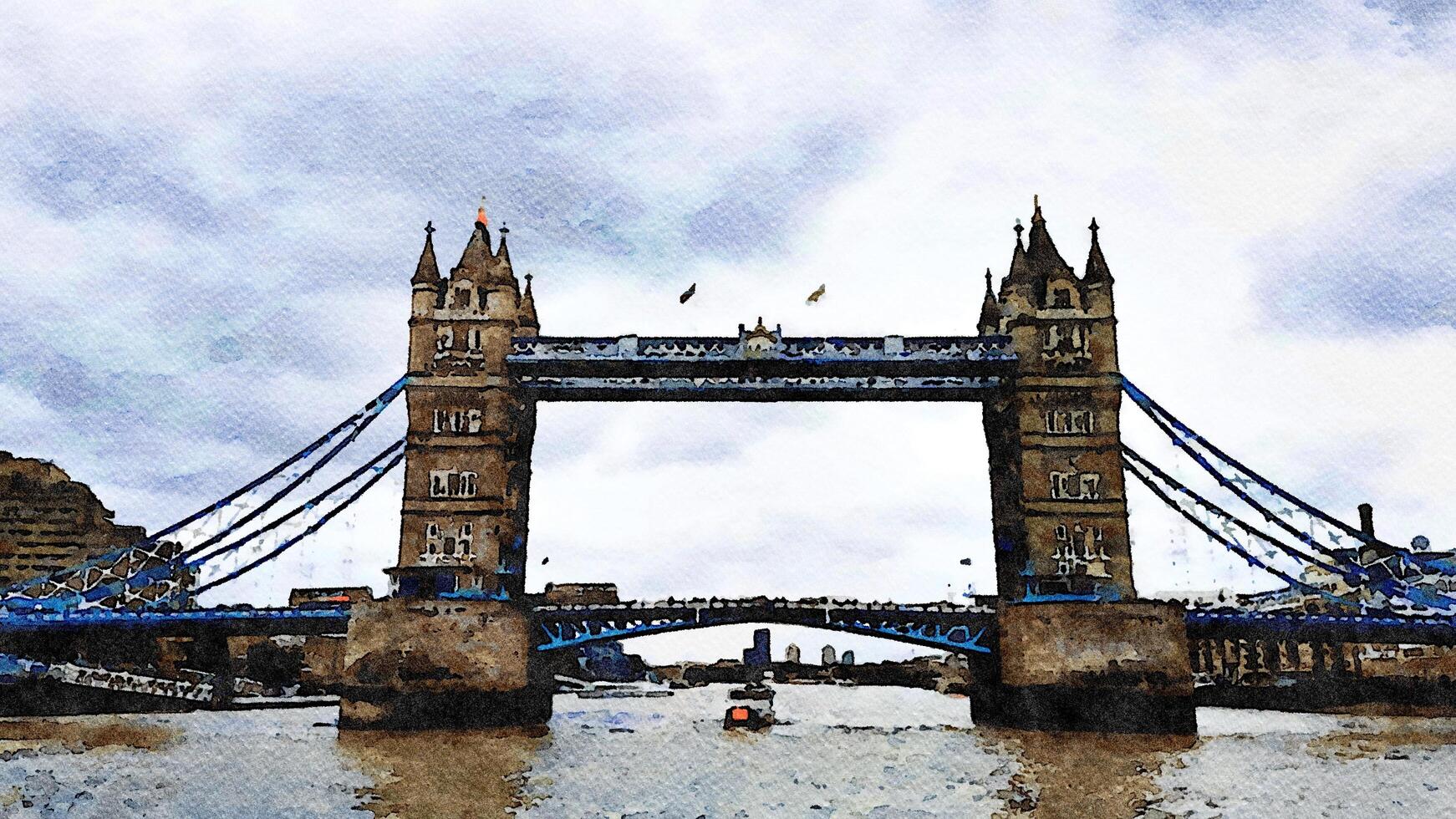 An evening glimpse of the famous London Bridge in England. Digital watercolor style. photo